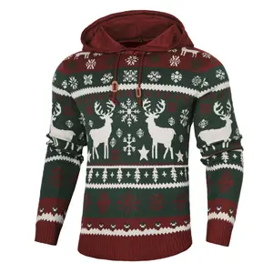 Zaitun Men’s Christmas Hoodie Sweater – Nordic Cable Knit in Maroon Red & White with Reindeer & Snowflake – Warm Holiday Pullover, Perfect Christmas Gift & Winter Knit for Him