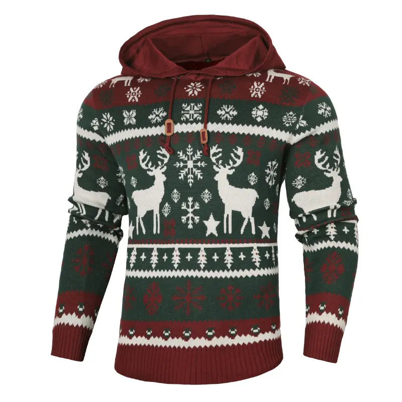 Zaitun Men's Nordic Cable Knit Hoodie Sweater in Maroon, Festive Christmas Pullover with Reindeer & Snowflake, Menswear, Knitwear, Clothes, Long Sleeve, Tops