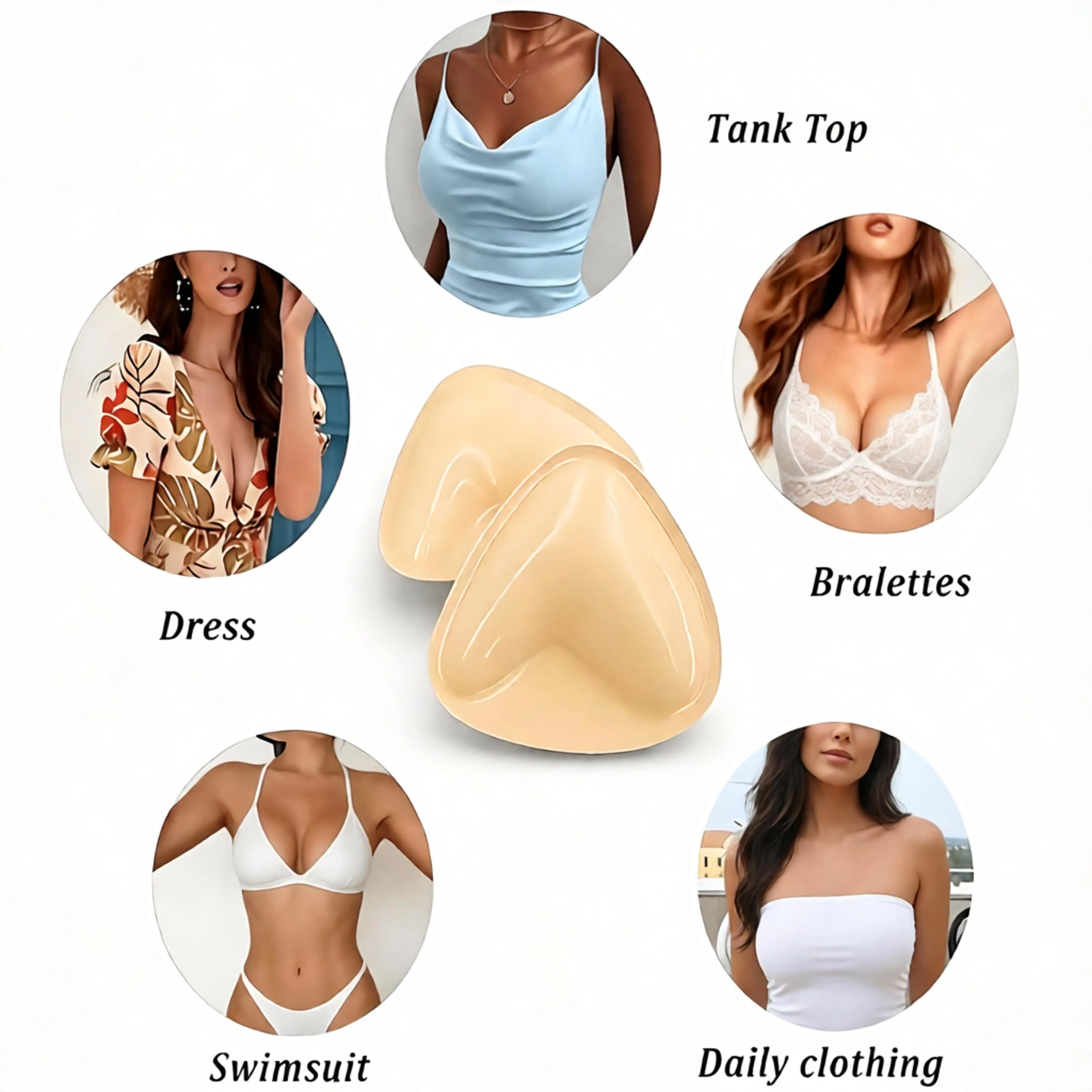 Women's Triangle Silicone Bra Inserts - 2 Pairs (4 Pads), Nude, Double-Sided Self-Adhesive Push-Up, Soft Sponge Lining, Reusable Waterproof Invisible Lift Support, Removable Bust Enhancer, Sweatproof Washable, for Bikinis & Daily Bras, Travel-Friendly