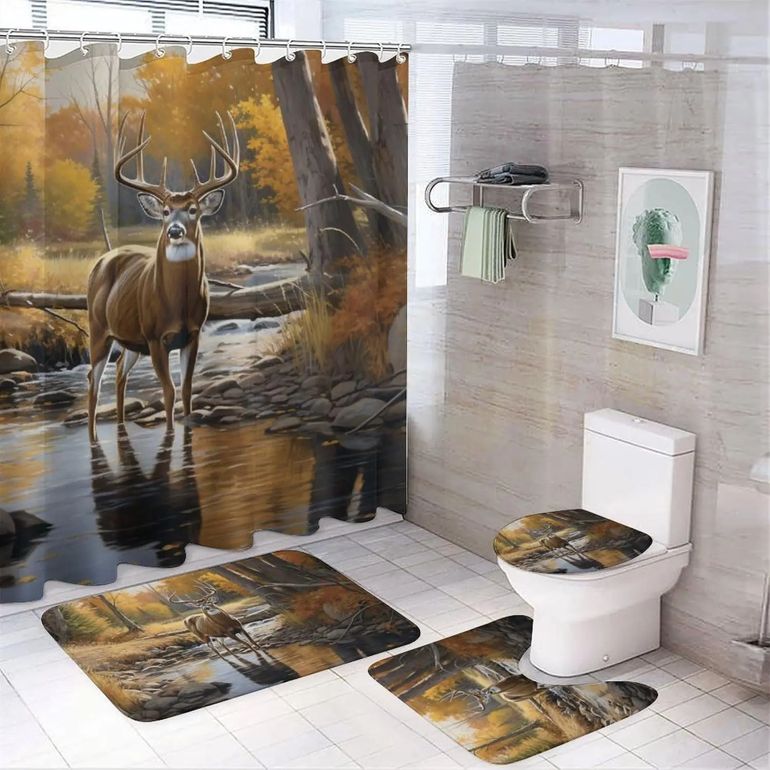 Country Rustic Deer Shower Curtain Sets with Rug, Toilet Lid Cover and Bath Mat, Wild Animals Vintage Shower Curtains with 12 Hooks Waterproof 4 Piece Bathroom Decor Set