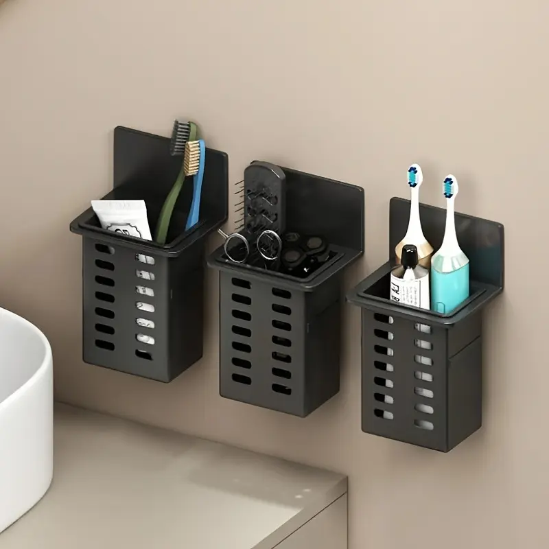 Wall Mounted Waterproof Adhesive Toothbrush Holder with Toothpaste Storage - No-Drill Space-Saving Oral Care Rack, Bathroom Accessory for Apartment, Home, Toothbrush Holder Set, Polyester, Organiser, Bathroom Accessories, Dorms