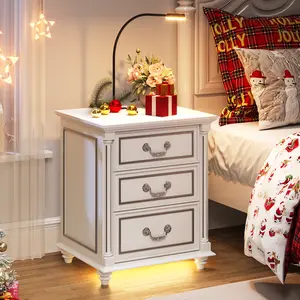 FREDEES  Farmhouse Nightstand with Gun Drawer and 3 Large Storage Drawers,Smart Bedside End Table with LED Light and Human Sensor Charging Station