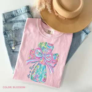 Comfort Color Bright Floral Coquette Glitter Stitch Cross T Shirt, christian TShirt, He Is Risen Easter T-Shirt Cotton Womenswear Top Fabric Soft