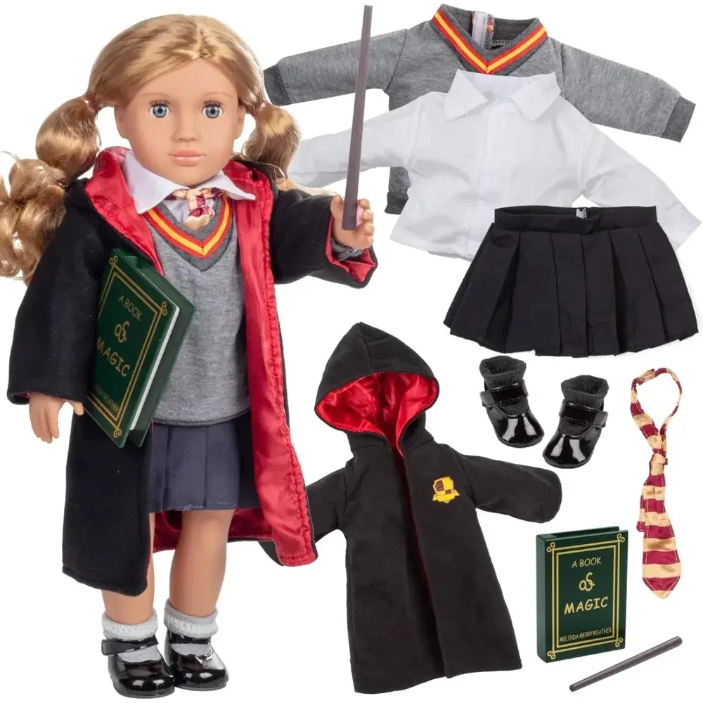 Deluxe 9pc Hermione Granger Inspired 18" Doll Outfit-Compatible with American Girl Outfit & Accessories Set Includes Robe, Wand, Book, Sweater, Shirt, Skirt, Socks, Shoes & Tie- Great Gift for Fans!