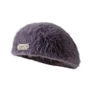 Cozy Fuzzy French Beret for Women Stylish Painter Cap Warm Winter Headwear for Casual Wear Chic Artist Hat with Letter Detail