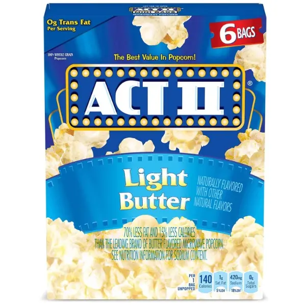 Buttery Light Whole Grain Microwave Popcorn Snacks - 2.75 oz Individual Bags, 36-Count (6-Pack), Crispy, Flavorful, Reduced Fat, Low Calorie, Halal, Ambient, Plant Based, Ideal for Movie Nights, Family Gatherings