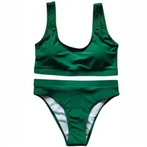 High-Waisted Sport Bikini Set - Sexy Solid Green Color Swimwear for Pool & Beach Stylish Comfortable Design Ruched Swimsuit