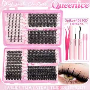 [Queenice-Lash Kit]580PCS Lash Extensions Kit Spikes Lash Individuals 3D Volume Eyelash Clusters D-Curl Lash Clusters Kit 6 Styles Lash Clusters Spike Lashes Natural Look, Eyelash Extensions Set, Spikes/40D/60D Reusable Segmented False Eyelashes