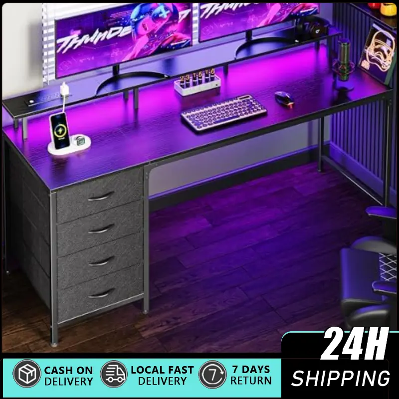 47-Inch Sturdy Gaming Desk for Office Use, Office Furniture with Power Outlets, LED Lights, 4 Drawers, Dual Monitor Arms, Monitor Shelf, Storage Platform