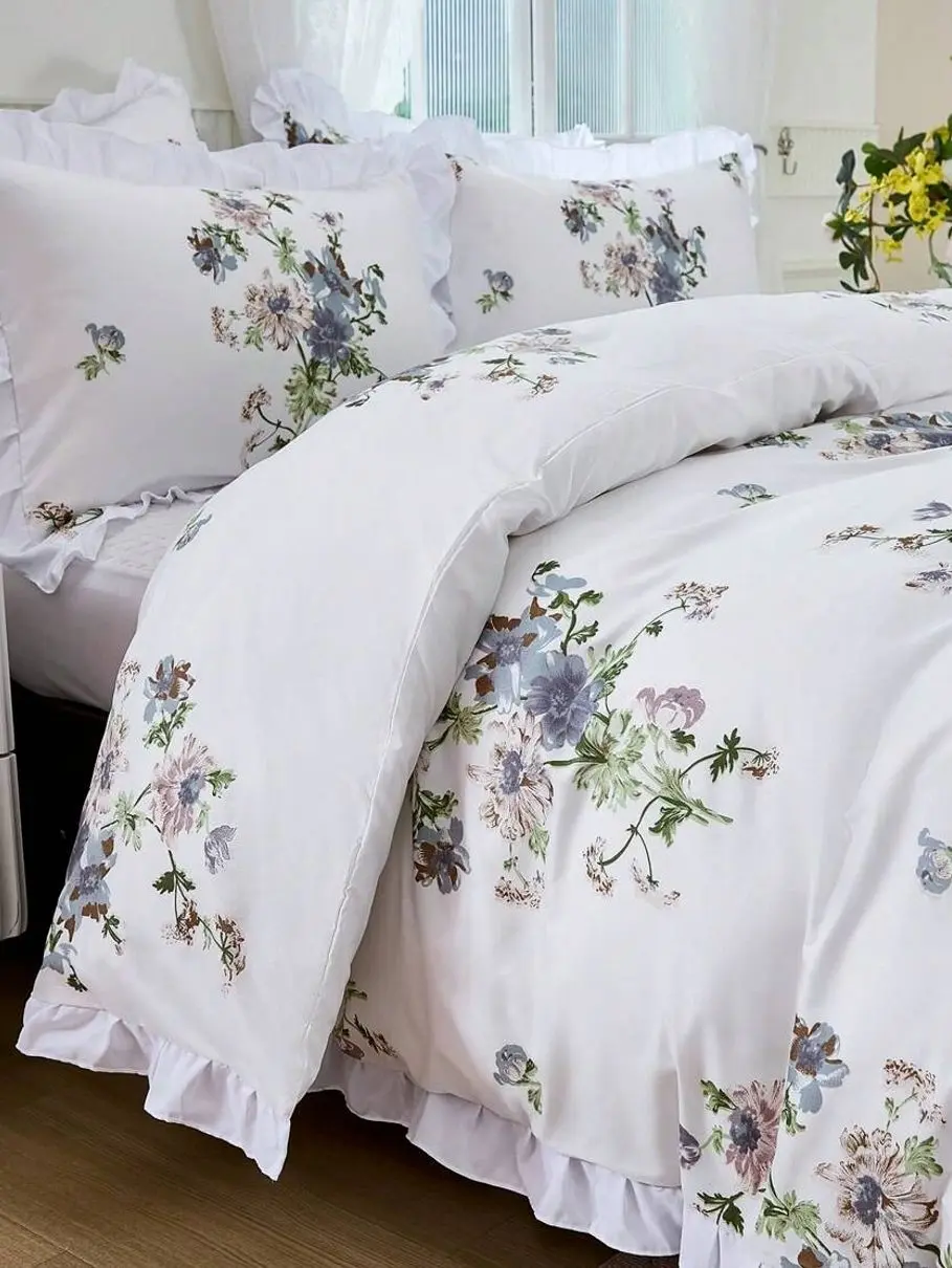 2/3PCS Ruffled Floral Duvet Cover Set, Soft Breathable Bedding, Flower Quilt Cover with Pillowcases, No Insert, Bedroom Decor