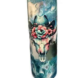 30oz Skull Design Water Bottle with Floral Accents and Unique Artwork for Everyday Use