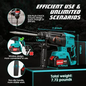 SDS Plus Cordless Rotary Hammer Drill  4000BPM Jack Demolition Hammer Drill for Concrete with Safety Clutch 3 Functions & Toolbox Hammer Drill 20v Brushless for Concrete/Masonry/Wood/Metal