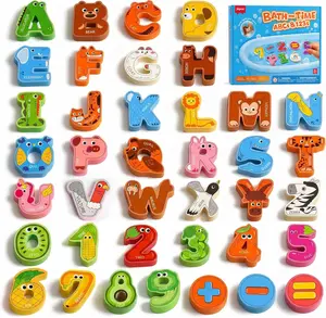 Joycat Bath Letters and Numbers for Toddlers, 50 PCS Foam Bath Toys with 36 Animal Alphabet Letters, 10 Fruit & Vegetable Numbers, 3 Math Symbols and Storage Bag, Bathtub Learning Toys for Kids