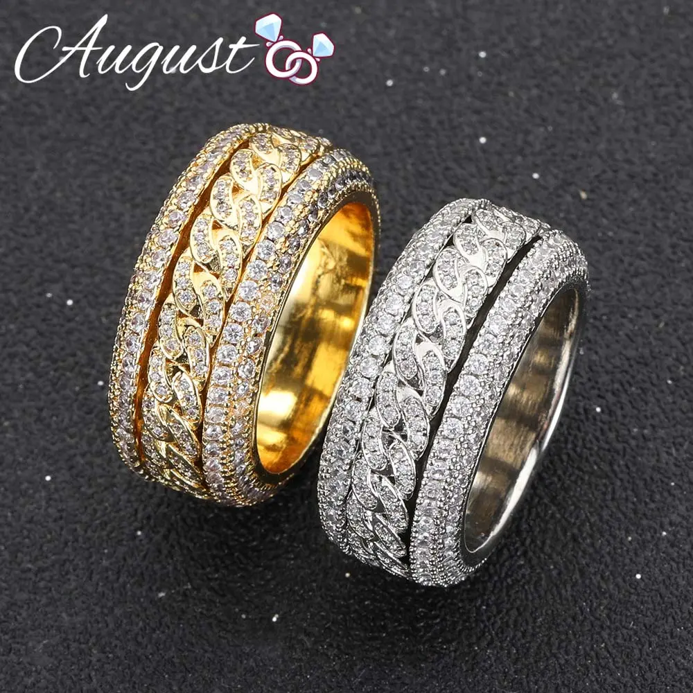 Men's 12mm Spinner Ring with Cubic Zirconia, Punk Rock Motorcycle Chain Band, Hip Hop Decompression Statement Jewelry, Artificial Zircon Ring, Rings