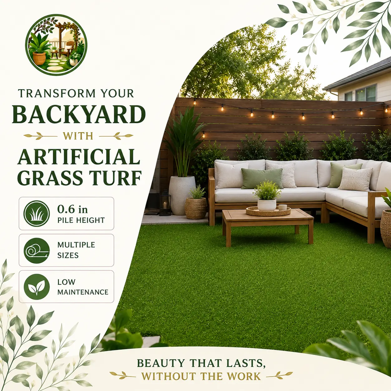 Polypropylene Synthetic Turf Grass Roll - 0.6 in Low-Pile Fake Grass Mat with Quick Drainage Backing, Cut-to-Fit Boxed Outdoor Lawn Carpet for Backyard Areas, Multiple Sizes
