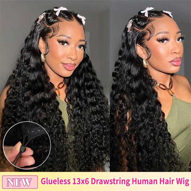 Bling Hair Glueless 13x6 Deep Wave Frontal Wig For Women Pre Plucked Pre-cut Ready To Wear 13x4 Deep Wave Lace Frontal Wigs With Elastic Drawstring For Women 180Density