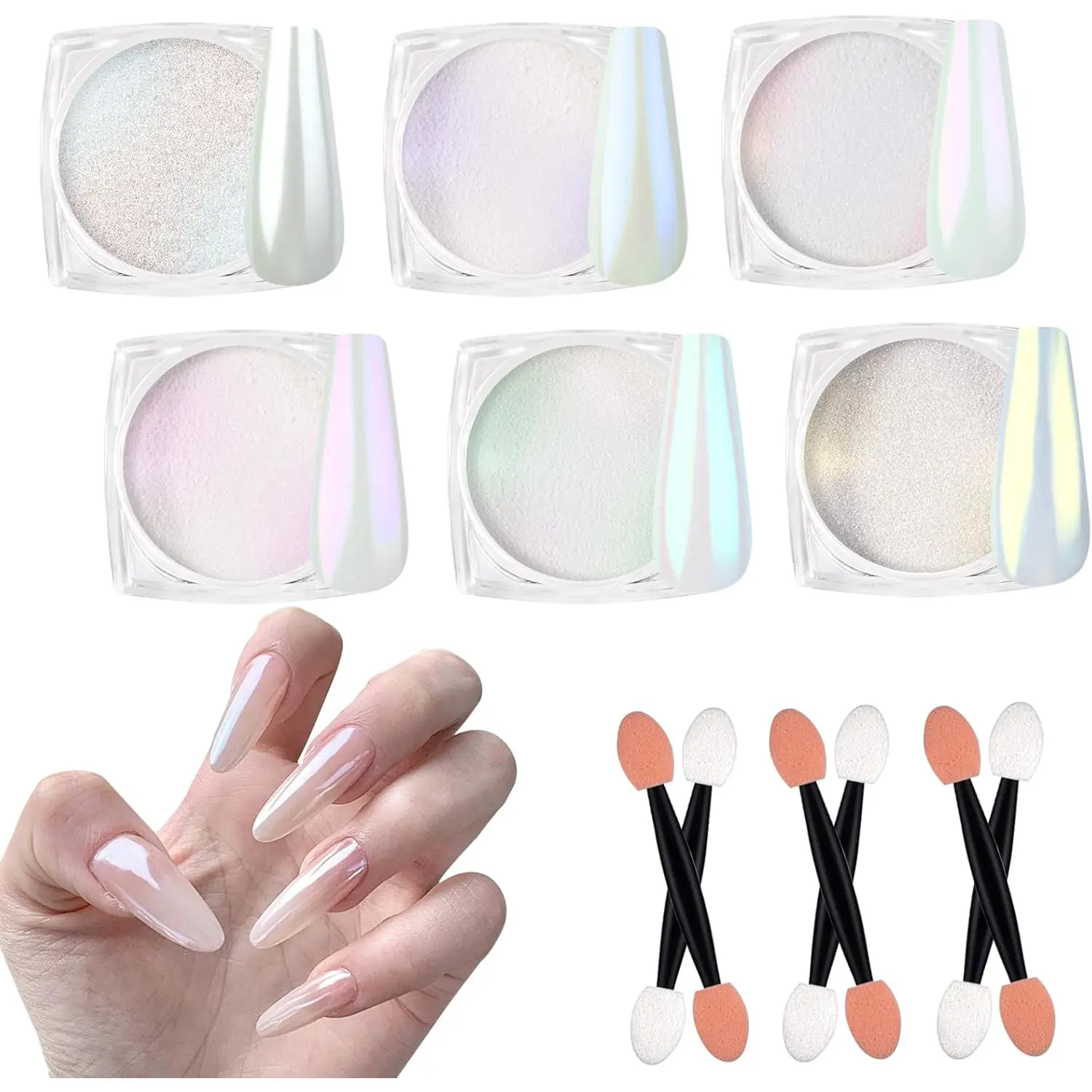 SIUSIO 6 Colors White Pearl Chrome Nail Powder Aurora Nail Powder Mirror Effect Chrome Powder Iridescent Shell Powder Glitter Nail Art Pigment Manicure Powder for Nails (Colorful Mermaid)