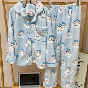 Anime Cartoon Chiikawa Plush Pajamas Pants Set Kawaii Usagi Winter Thicken Warm Coral Fleece Homeclothe Suit Cute Nightwear Gift