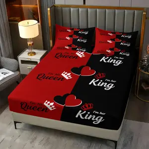 "King" "Queen" Printed Three-Piece Fitted Sheet Set, Including Two Coreless Pillowcases, With Strong Wrapping, A Couple-Themed Bedding Gift, Full of Romantic and Sweet Atmosphere in The Bedroom, Warm and Soft Bedding Bed Sets