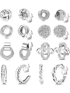 8 Pairs Silvery Geometric Clip-on Earrings for Women Men Chic Non-piercing Earrings Durable Alloy for All-day Comfortable Wear Assorted Set Trendy Designs Twisted Knot Woven Ball Multi-loop Ring Interlocking Link Ribbed Hoop Braided C-shape Styles