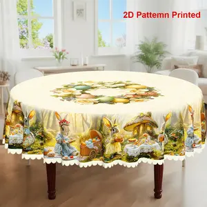1pc, Easter Themed Party Tablecloth, Spring Summer Rabbit Colored Eggs Floral Country Style Printed Design, Rectangular/Round/Oval Table Cloth, Embossed Edges, Suitable For Picnic Dinner Kitchen Dining Room Decoration