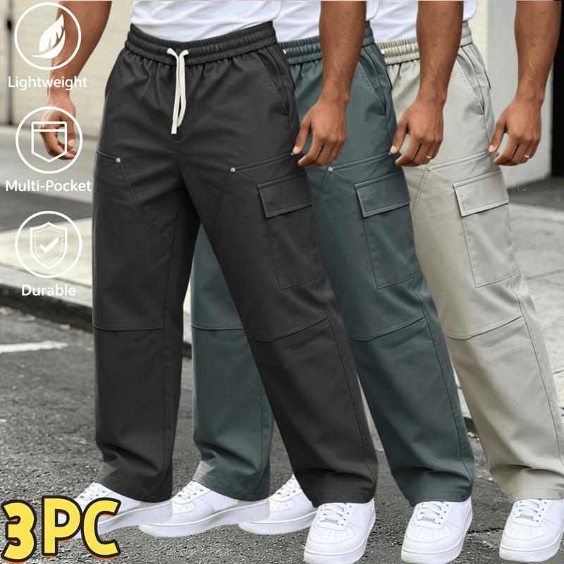 3 Pack Men’s Wide Leg Cargo Pants Elastic Drawstring Waist Multi Side Pockets Regular Size Lightweight Durable Loose Straight Leg Casual Streetwear Work Trousers For Daily Outdoor Travel,Comfy Elastic Waist Drawstring Pants