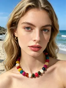 Women's Colorful Beaded Necklace, Unique Resin Bead Choker, Bohemian Style Bold Thick Chain, Summer Vacation Jewelry, Chunky Chain Choker
