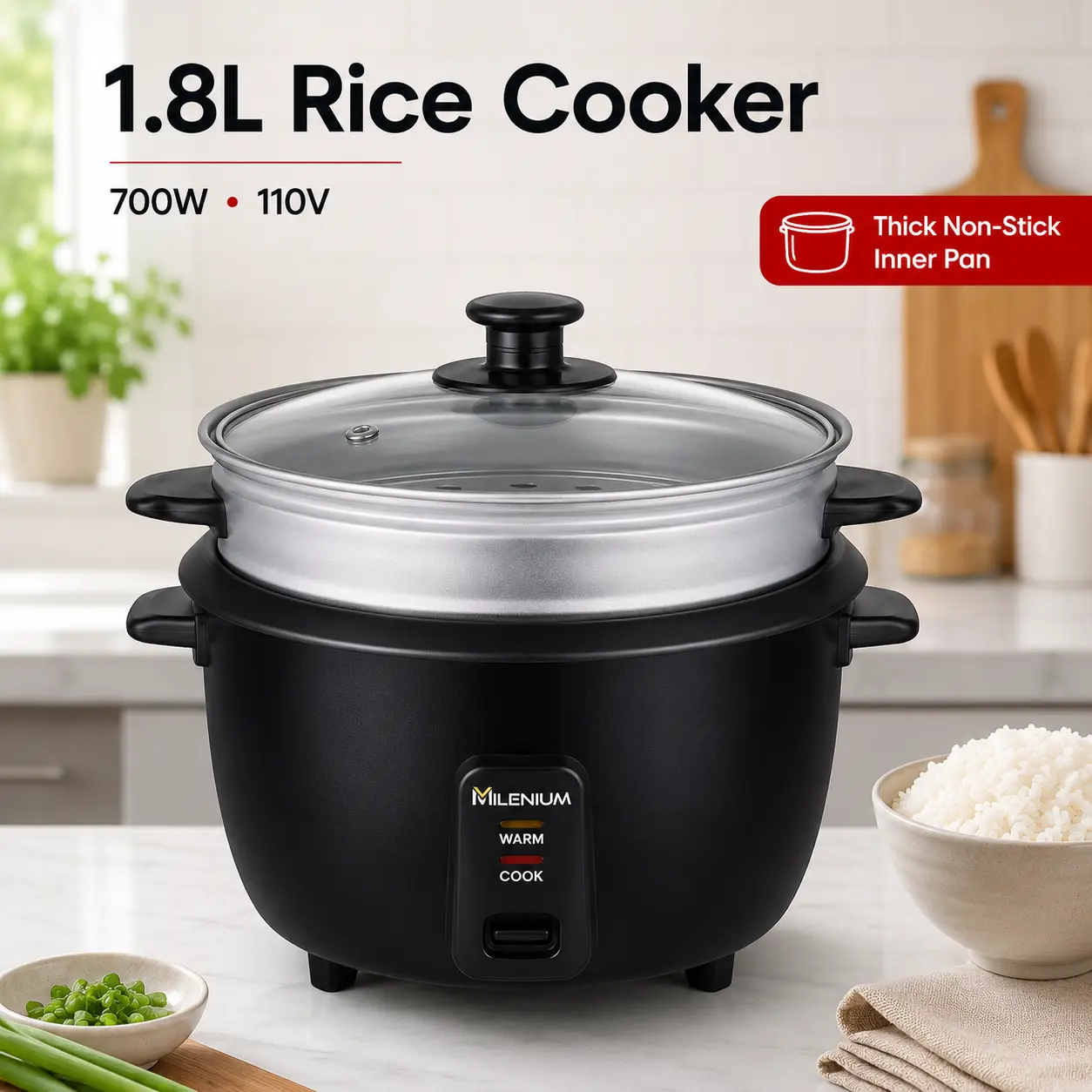 2-in-1 1.8L Rice Cooker and Food Steamer, 700W Electric Cooker with Non-Stick Inner Pot, Glass Lid, One-Touch Cook and Automatic Keep Warm