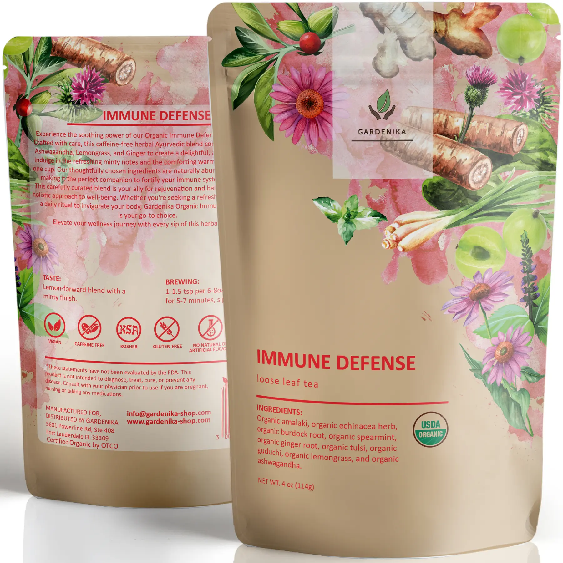 Gardenika Organic Immunity Loose Leaf Tea, Caffeine-Free, Kosher, Herbal Natural Blend with Echinacea, Ashwagandha, Lemongrass, Ginger – 4 oz Beverage