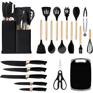19 Pieces Kitchen Utensils Set Silicone Cooking Utensils Kit Spatula Heat Resistant Wooden Spoon Gadgets for Non-stick Pans Most Intimate Kitchen Companion Best Gift (Black)