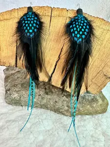 The Tess – Turquoise and Black Polka Dot Feather Earrings 8 Inch