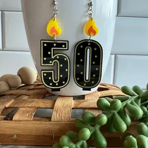 Hypoallergenic Black & Gold Birthday Candle Acrylic Dangle Hook Earrings