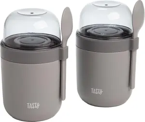 Tasty Travel Snack Cups with Spoons, On-The-Go Snacking, Divided Compartments, Great for Nuts, Cereal, Granola, Yogurt and More, Made without BPA, 2-Pack, Gray Epoca