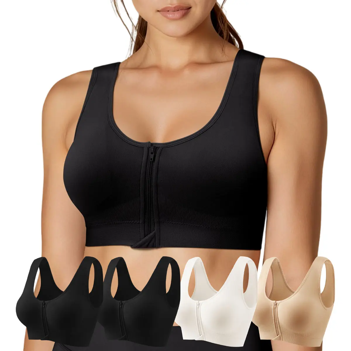 4PCS Women's Wireless Front Zipper Sports Bra, Seamless Breathable Push Up Bralette, Soft Stretch Cup Lifting Comfortable Underwear, Solid Color Lightweight Everyday Lingerie, M XXL