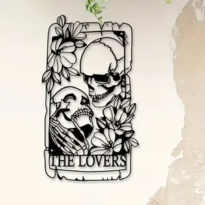 Gothic Lovers Skull Metal Wall Art, Romantic Iron Sculpture Decor, Indoor Outdoor Balcony Patio Railing, Living Room Garden Fence