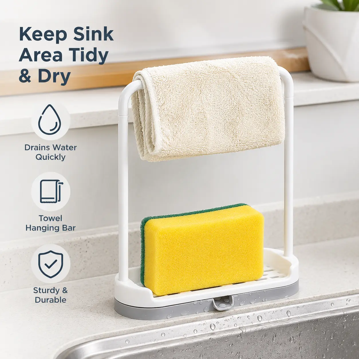 1 Count, Kitchen Sink Dishcloth Holder with Drainage Tray, PP Material, for Holding Cleaning Sponge and Dish Towel on Kitchen Countertop