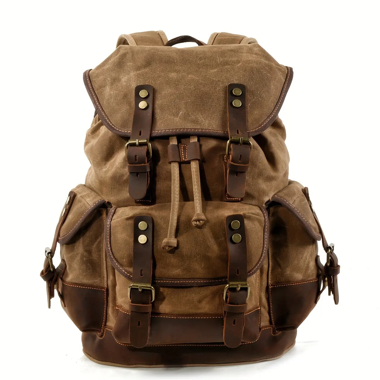 Unisex Retro Top-Grain Cowhide Leather & Wax Fabric Shoulder Backpack for Adults, 22L High-Capacity, Waterproof, Scratchproof, Patchwork Design, Laces Closure, Magnetic Buckle, Fits 15.6-Inch Laptops, School Backpack, Book Bags, Everyday & Travel Use