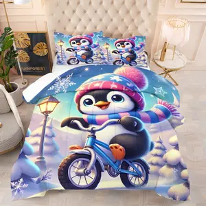 Penguin Sled Joy Warm Style Quilt/Comforter Set 2/3 Pcs Includes 1 Quilt/Comforter 1/2 Pillowcases No Filler Penguin Sled Christmas Elements Fluffy Warm Ideal for Girls Teens Gift Recipients Fits Bedrooms Dorms Winter Rooms