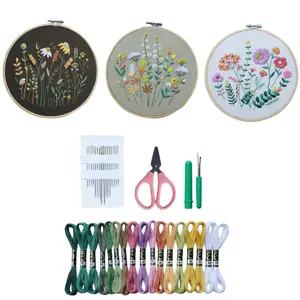 3 Pack Beginner Embroidery Kits for Adults – DIY Starter Set with Stamped Flower Designs, Embroidery Hoop, Colorful Threads, Tools, Step by Step Instructions & Video Tutorial Practice