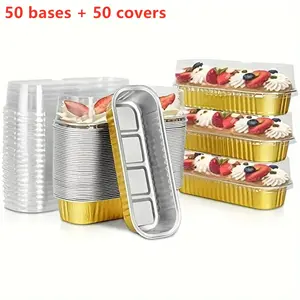 100 Sets Disposable Rectangular Aluminum Foil Baking Pans with Lids, 6.8oz Mini Loaf Cake Molds for Tiramisu Pudding Dessert, Even Heating, To-Go Takeout Ready, Dustproof Moistureproof, Banquet Catering Buffet