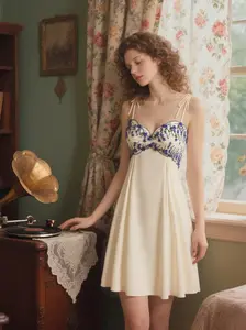 RETRO STAGE Women's Elegant 1940s Floral Embroidered Nightdress, Sleeveless Babydoll Loungewear with Shoulder Ties and Drawstring Waist, Elegant Sleeveless Nightgown, Home Wear Loungewear