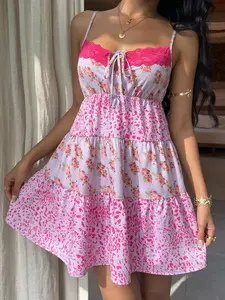 Women’s Leopard Floral Patchwork Mini Dress - Contrast Color Camisole Vacation Outfit - Casual Summer Dress Women, floral patchwork dress women, camisole summer dress women, contrast color dress women