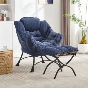 Lazy Chair with Ottoman, Modern Lounge Accent Chair with Armrests and a Side Pocket, Leisure Upholstered Sofa Chair Reading Chair with Footrest for Small Space, Corner Chair-Navy blue