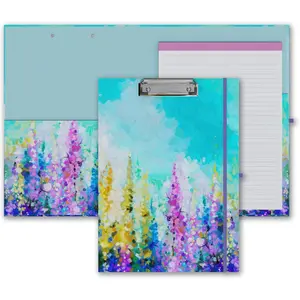 Cute Clipboard Folio with Refillable Lined Notepad and Interior Storage Pocket for Office Stylish A4 Foldable Clipfolio - Purple Oil Painting