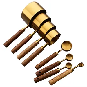 8 pieces Measuring Cups Set and Measuring Spoons Set with Scale, Wooden Handle Stainless Steel Dry & Liquid Measuring Cup for Cooking Baking