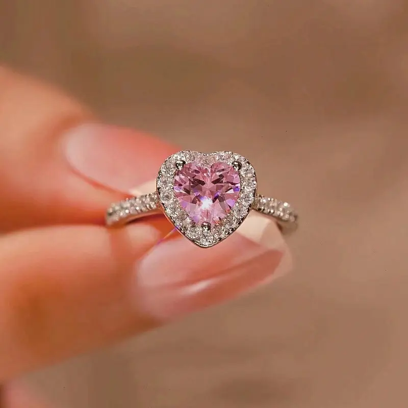 Women's 925 Silver-Plated Pink Heart CZ Wedding Ring - Romantic Look, Simple & Elegant, Birthday Gift Ideas, Girlfriend Birthday Gift for Women