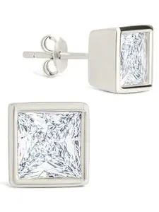 Sterling Silver Princess Cut Bezel Set Stud Earrings