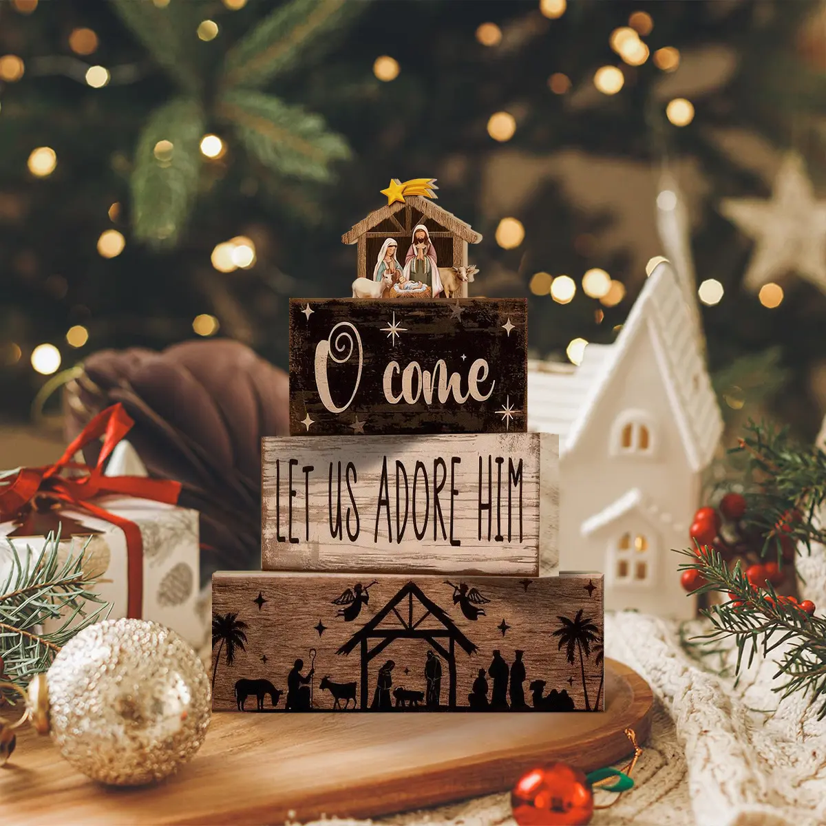 4 pcs Christmas Table Centerpiece Rustic Decorative, Tiered Tray Decor, Nativity Scene Wooden Decoration, Funny Gingerbread Christmas Sign, Block Signs Gift Farmhouse Winter Table Decoration for Home Kitchen, Decorative Table Centerpieces