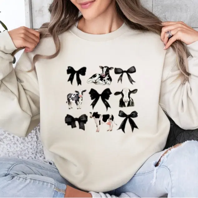 Women's Coquette Printed Cotton Short-Sleeve Sweatshirt - Cows & Bows Graphic, Simple Fit Crew Neck Pullover, Farm Aesthetic, Lightweight Fold, Foldable, Hangable, All Seasons, Hand Wash Only, Gift for Cow Lovers