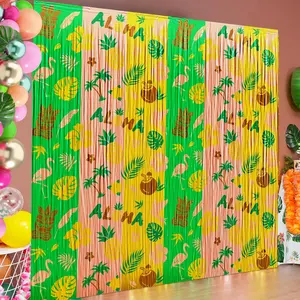 Hawaiian Luau Party Decorations, 2 Pack Tropical Printed Foil Fringe Curtains 3.3x6.6ft, Tinsel Photo Backdrop, Photo Booth Prop, Streamers for Aloha Summer Beach Party Decor